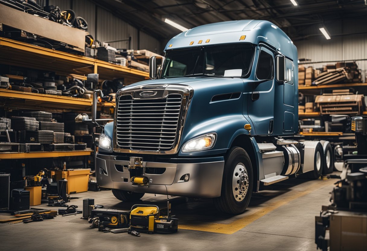 A Freightliner semi truck being repaired in a mechanic's shop, with various tools and parts scattered around