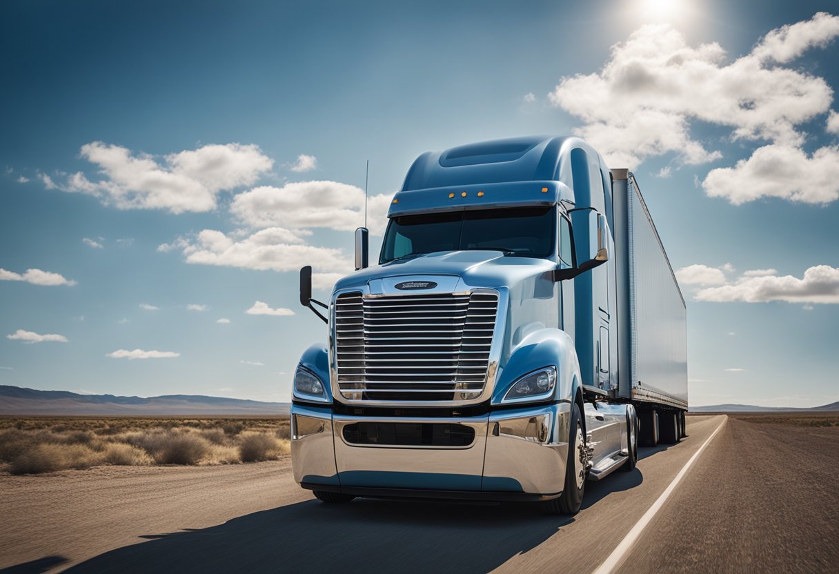 A Freightliner semi truck parked in a vast, open landscape, with a clear blue sky overhead. The truck is clean, well-maintained, and exudes a sense of reliability and durability