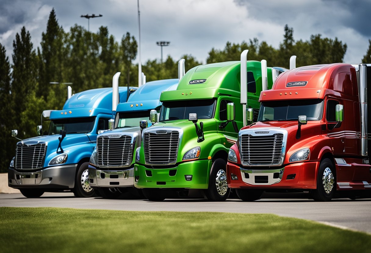 A brand new Freightliner semi truck parked next to a row of older models, showcasing the truck's ability to hold its value over time