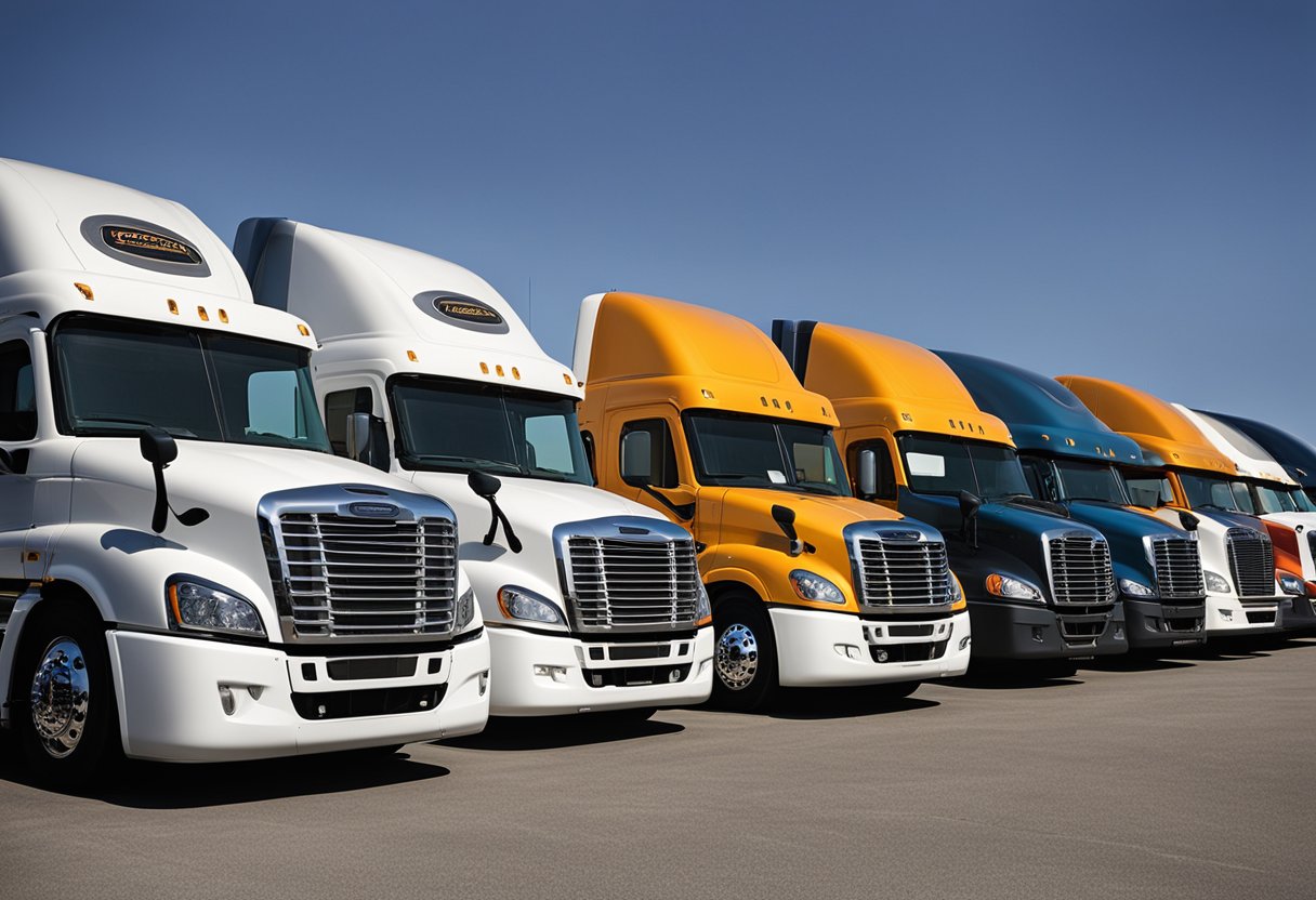 A line of Freightliner semi trucks parked in a row, showcasing various models and designs. Each truck is clean and well-maintained, with the Freightliner logo prominently displayed