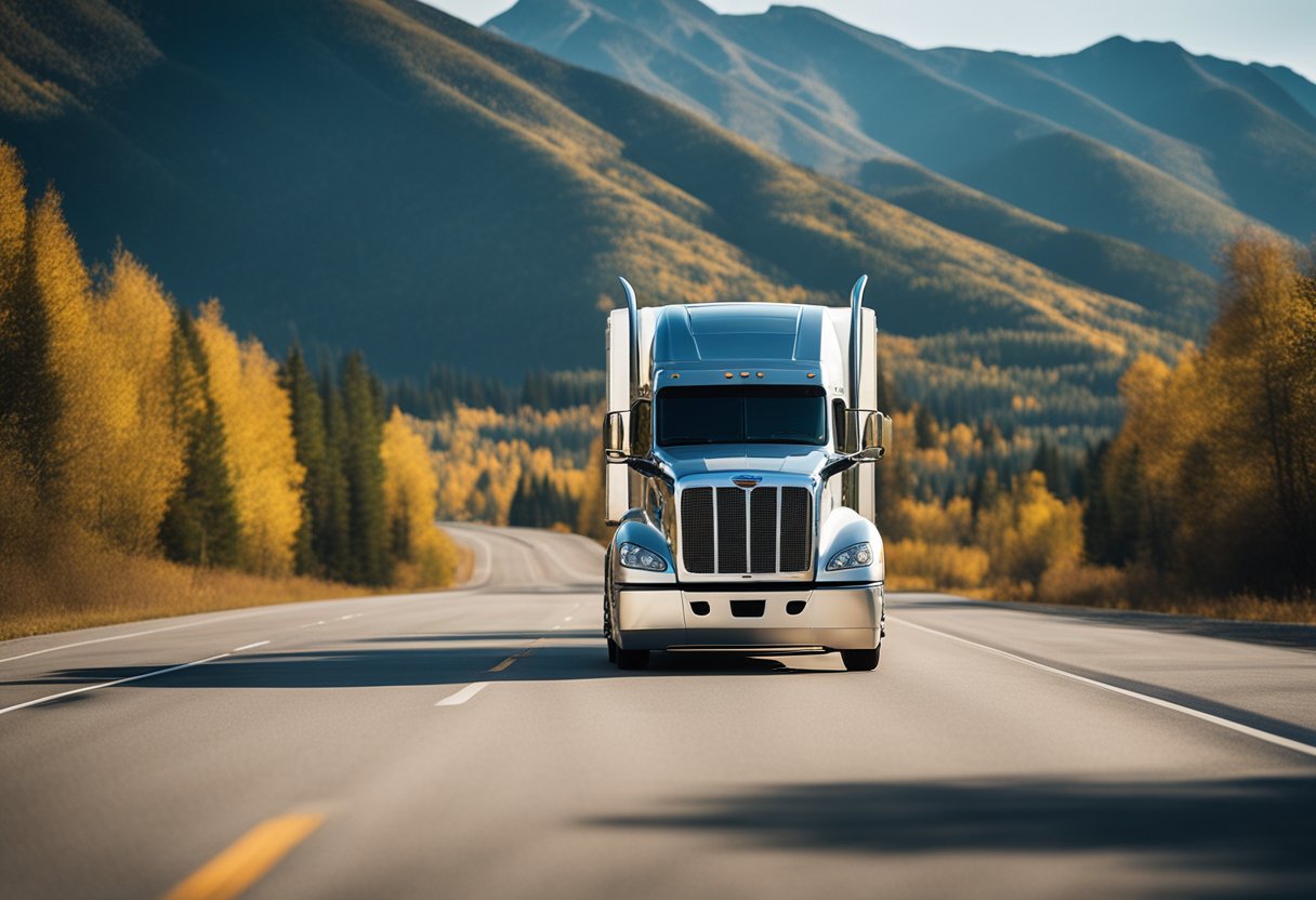 A Freightliner truck on a highway, passing a scenic landscape with mountains in the background