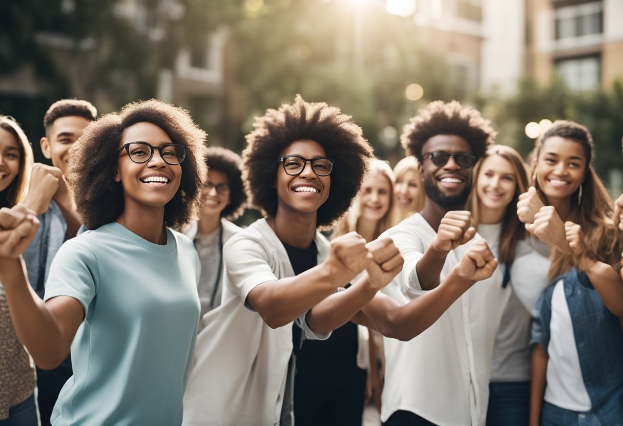 A group of diverse students celebrating with raised fists and smiling faces