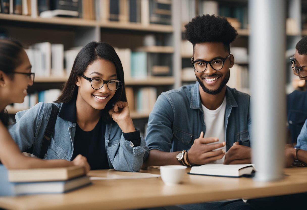 A diverse group of students studying together, surrounded by books and educational materials