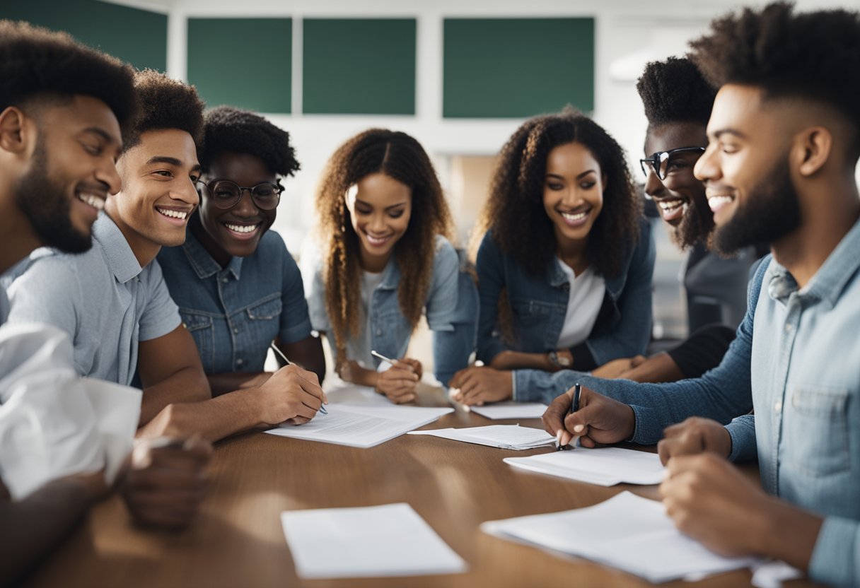 A group of diverse students gathered around a table, filling out application forms for the National Fellowship for OBC Students