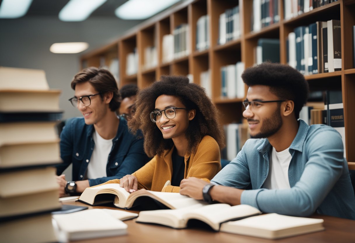 A group of students studying in a university library, surrounded by books and educational materials