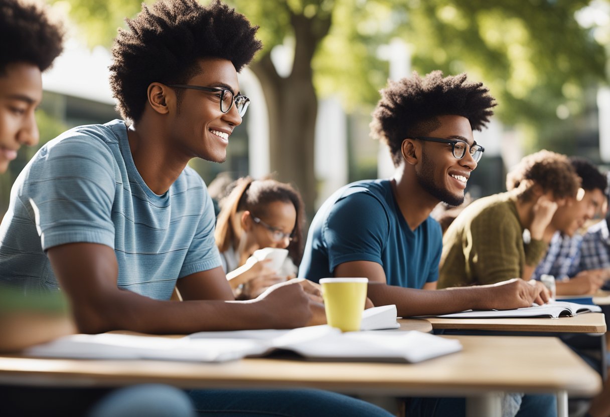 A group of college and university students studying and engaging in academic activities in a vibrant and bustling campus environment