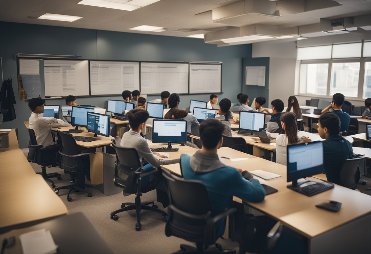 A group of students studying in a well-equipped classroom with technical and professional tools, while a scholarship certificate is displayed prominently on the wall