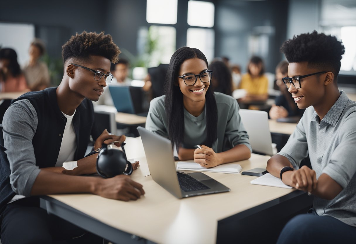 A group of diverse students studying and collaborating in a modern classroom setting with technical equipment and professional materials