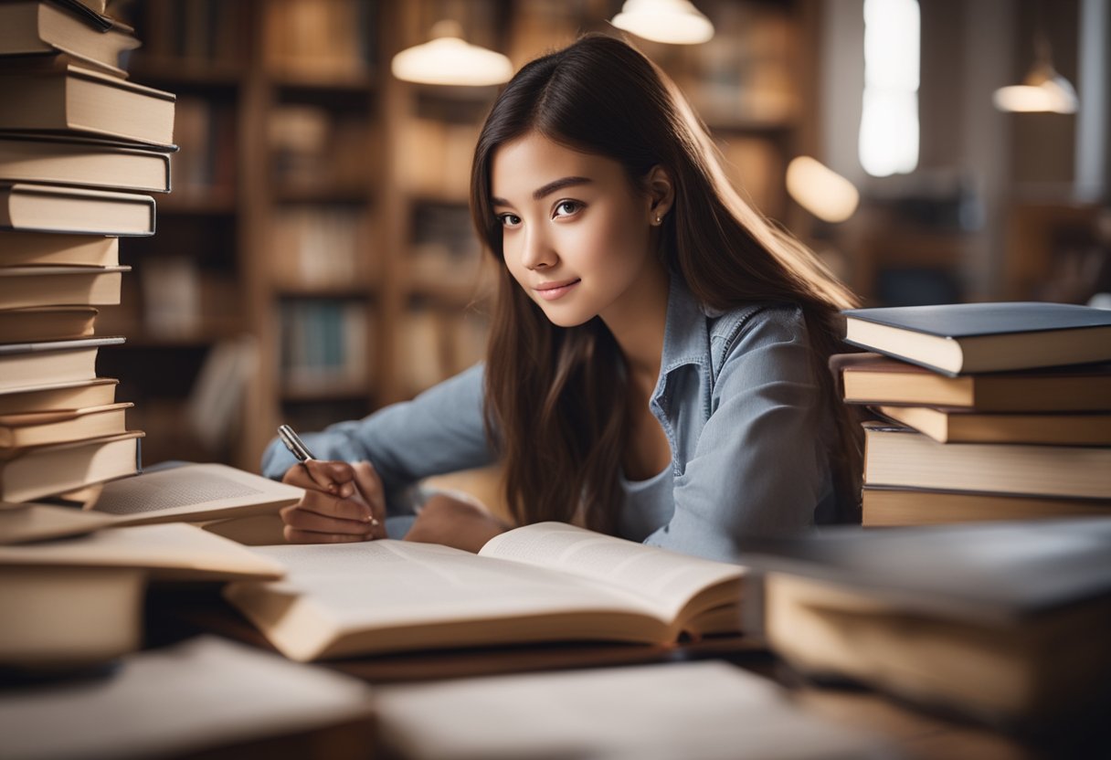 A young girl surrounded by books and studying materials, with a scholarship certificate displayed on the wall