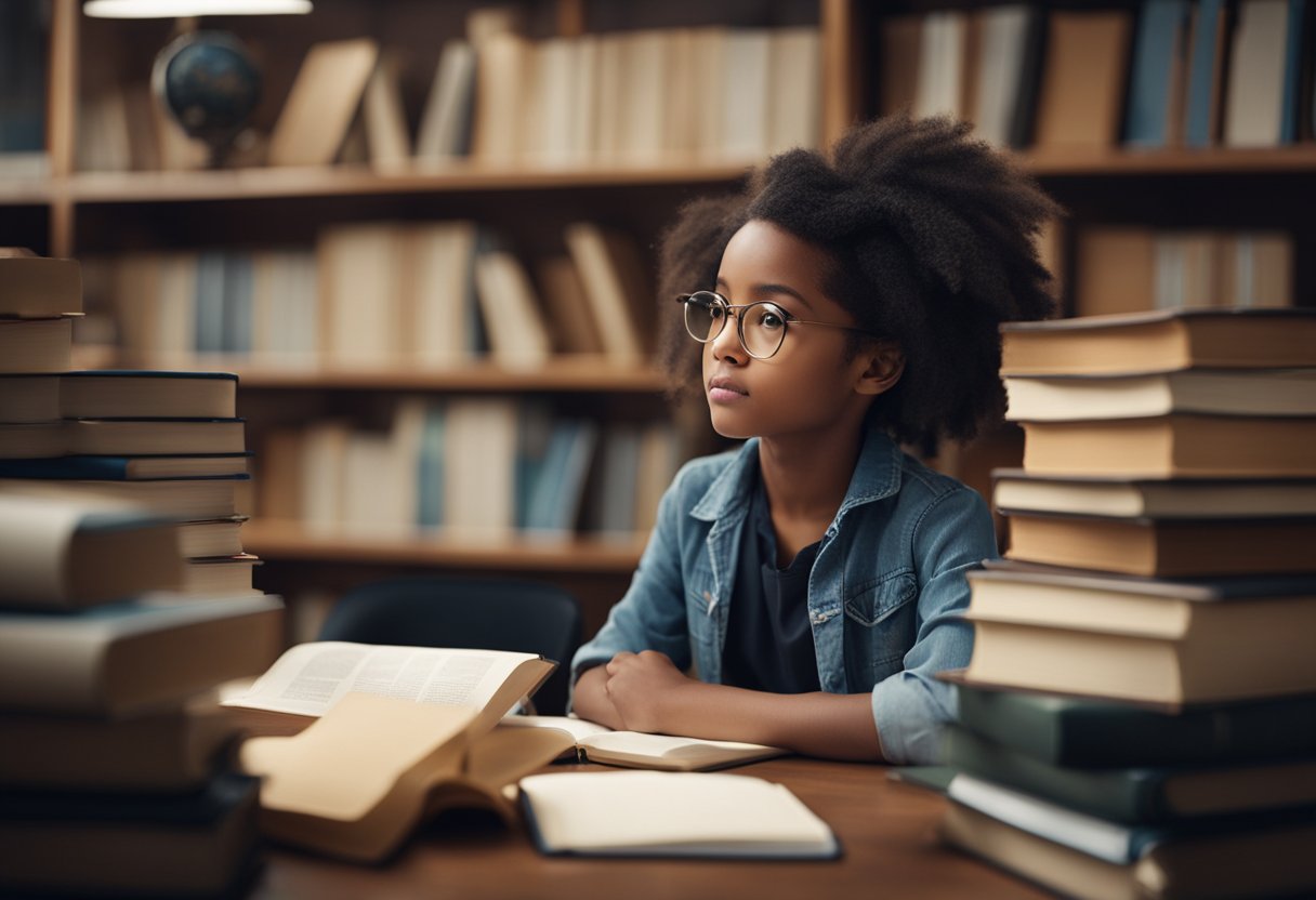 A young girl sitting at a desk, surrounded by books and study materials, with a determined look on her face as she works on her education