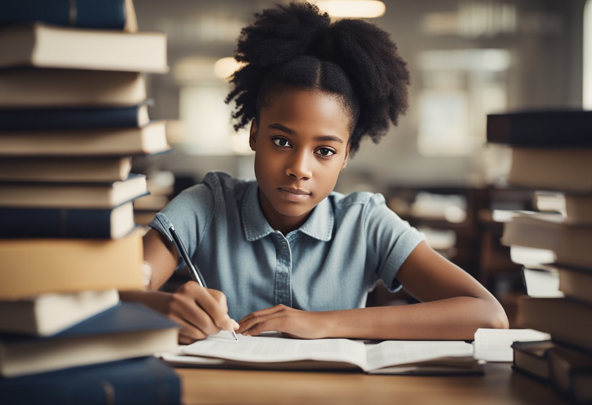 A young girl sitting at a desk, surrounded by books and papers, filling out a scholarship application form. A determined look on her face as she works diligently