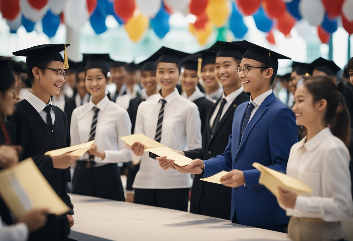 A group of students receiving scholarship certificates from the Prime Minister in a formal ceremony