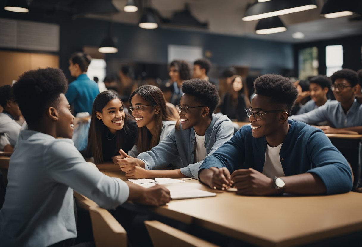 A group of diverse students studying and engaging in various educational activities, symbolizing the inclusivity and support of the Prime Minister's Scholarship Scheme