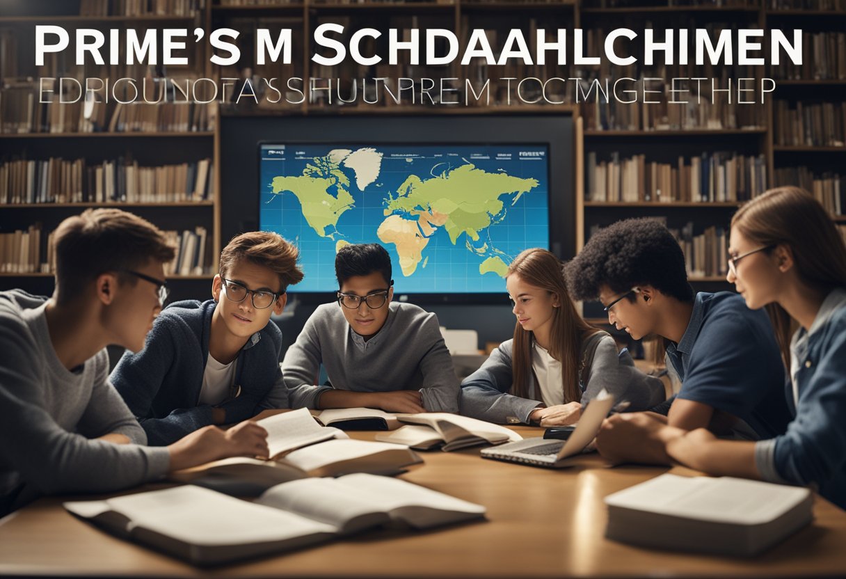 A group of students studying together, surrounded by books and laptops, with a sign indicating "Prime Minister's Scholarship Scheme" on the wall