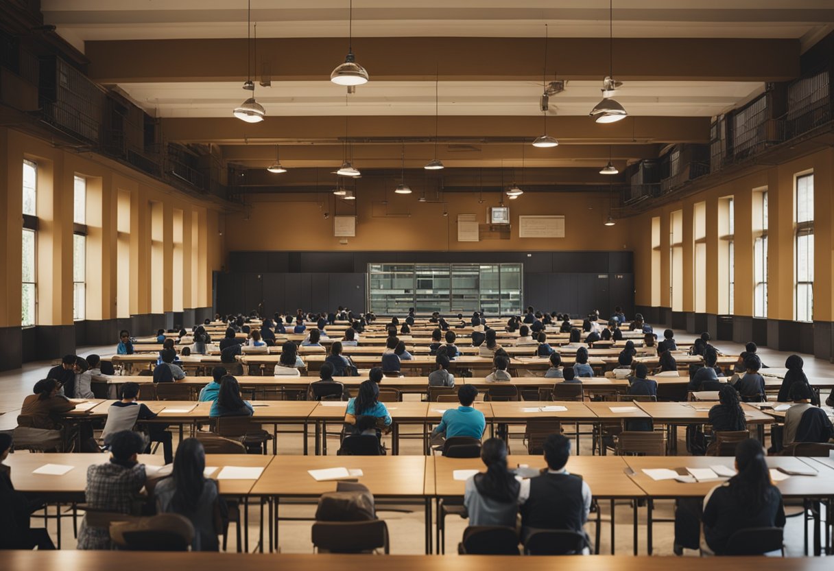 A group of students sitting in a large hall, taking a competitive exam under the watchful eyes of invigilators