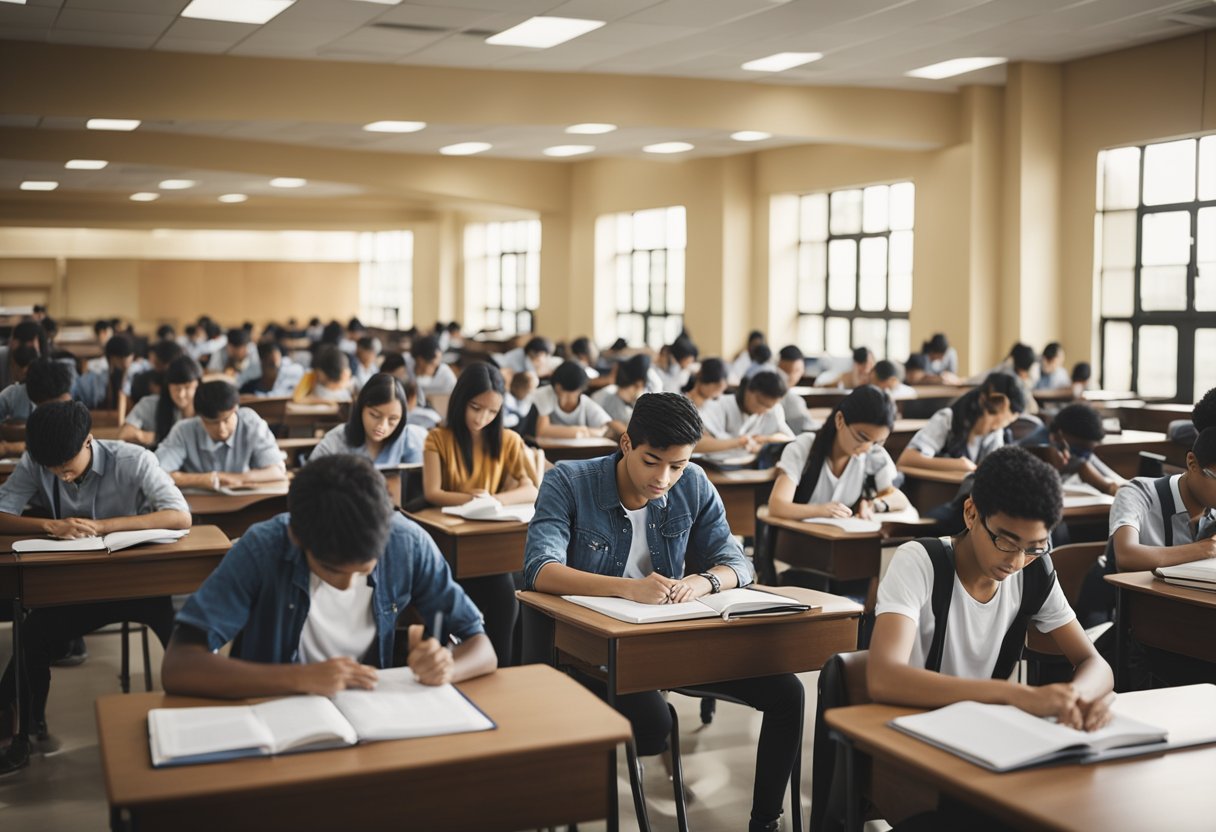 A group of students studying and taking a competitive exam in a large, well-lit classroom with rows of desks and chairs