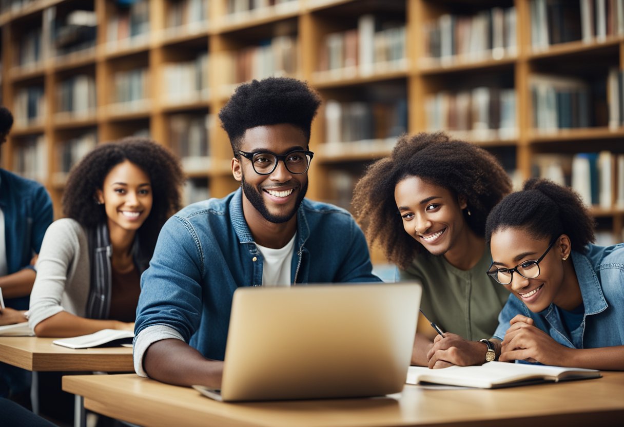 A group of diverse students studying together in a library, surrounded by books, papers, and laptops, with a banner displaying "NTSE Scholarships" in the background