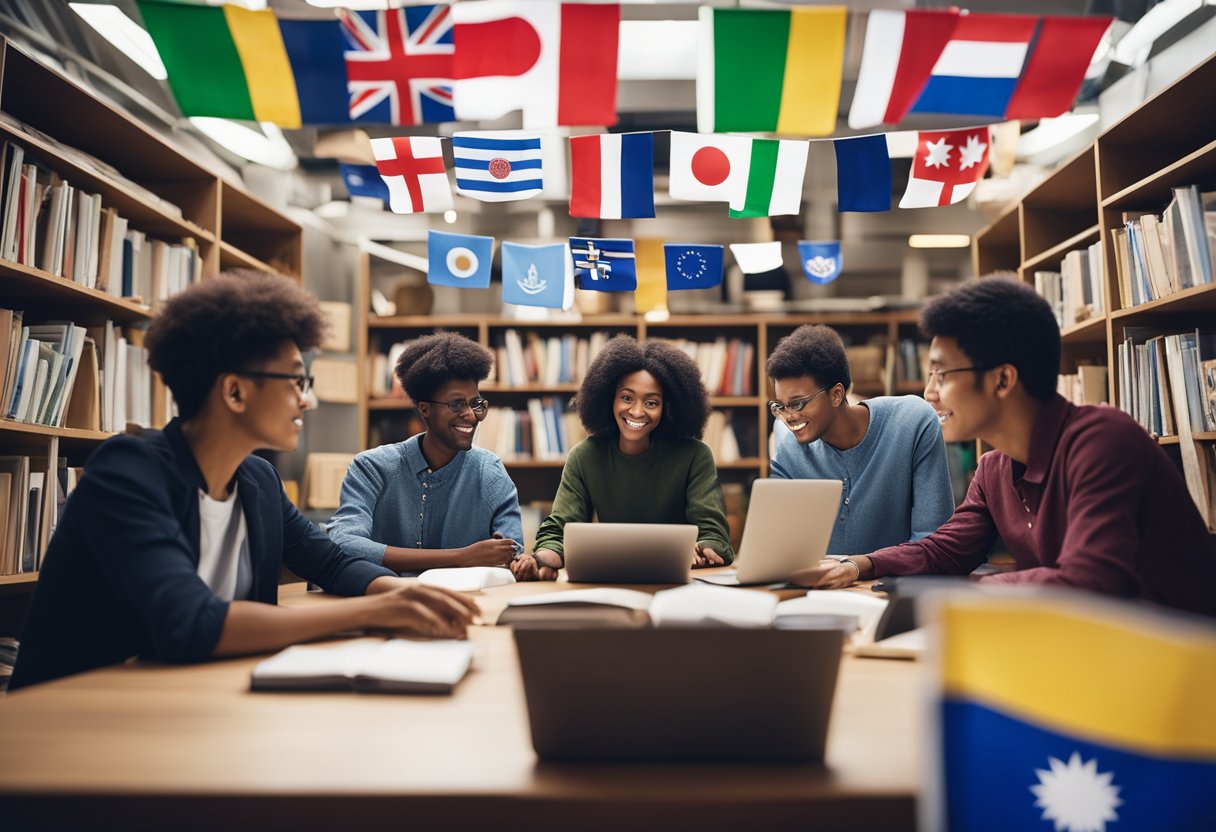 A group of diverse students studying abroad, surrounded by books and laptops, with a globe and various flags in the background