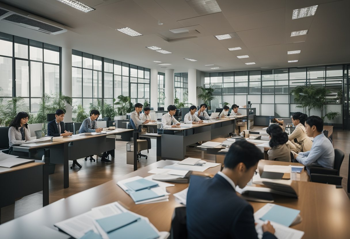 A bustling government office with officials reviewing applications and discussing the National Overseas Scholarship Scheme