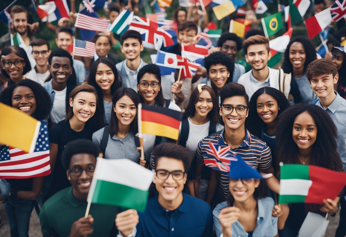 A group of diverse students studying abroad, holding books and laptops, surrounded by flags of different countries