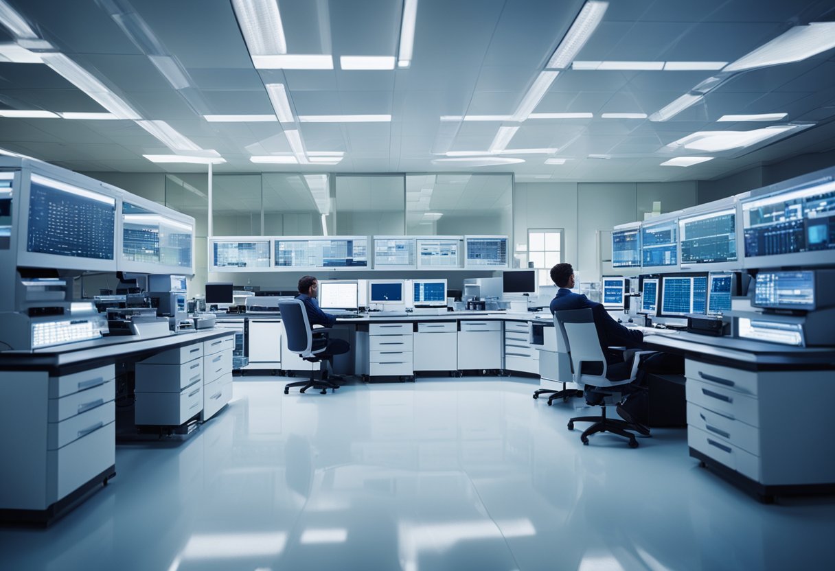 A laboratory filled with high-tech equipment and computers, with scientists working on experiments and research projects