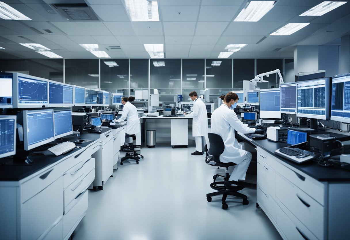 A bustling laboratory filled with computers, microscopes, and scientific equipment. Researchers in white lab coats are busy conducting experiments and analyzing data