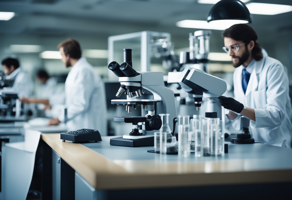 A laboratory setting with scientific equipment and technology, such as microscopes, test tubes, and computers