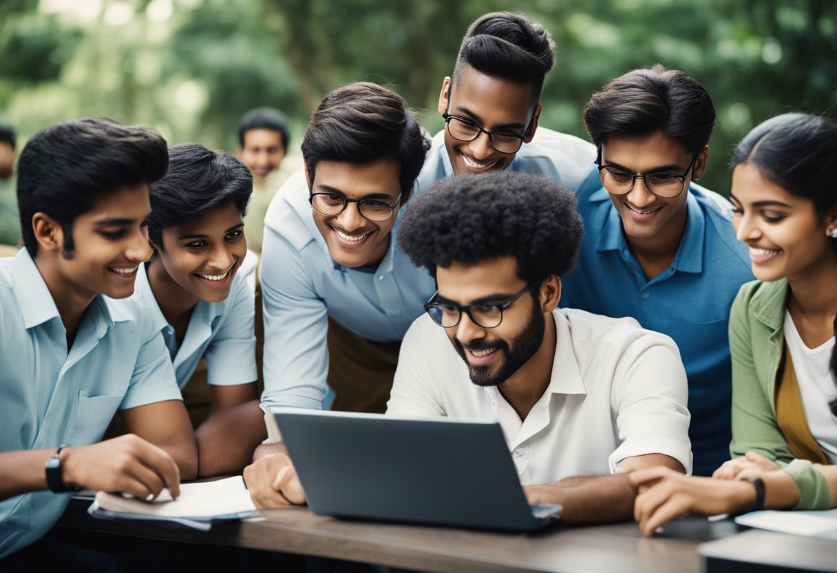 A group of diverse students gather around a computer, filling out forms and discussing the Rajiv Gandhi National Fellowship for ST Students