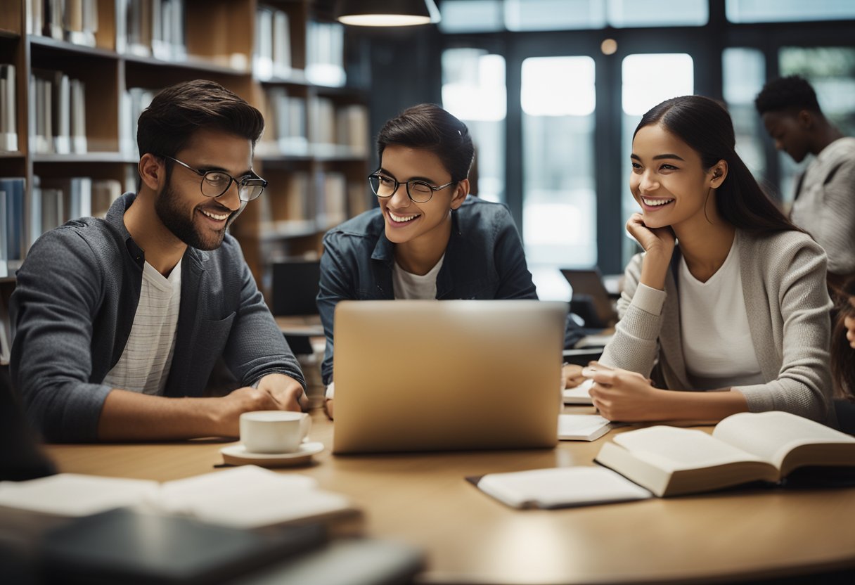 A group of students studying and discussing together in a library, with books and laptops scattered around the table