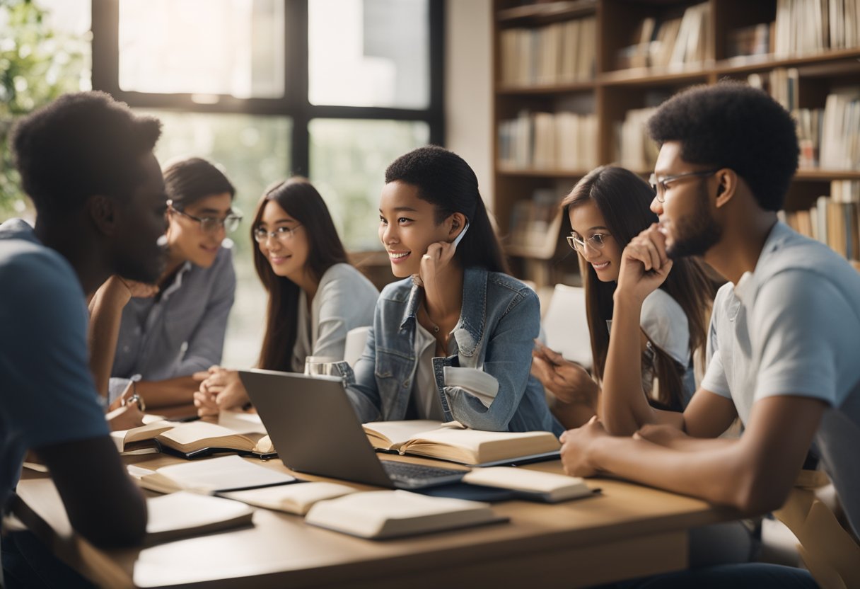 A group of students studying and discussing together, surrounded by books and educational materials