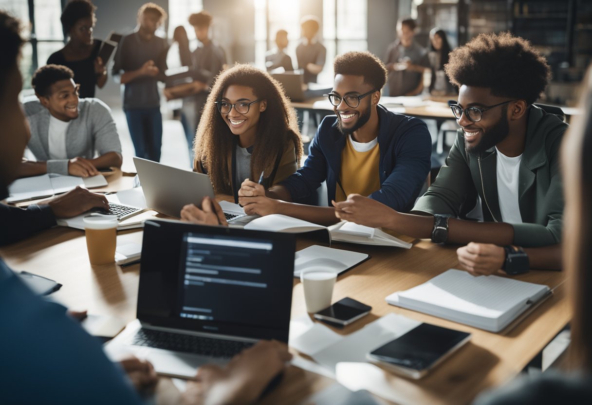 A group of students studying and discussing together, while a few of them are researching on their laptops and others are taking notes