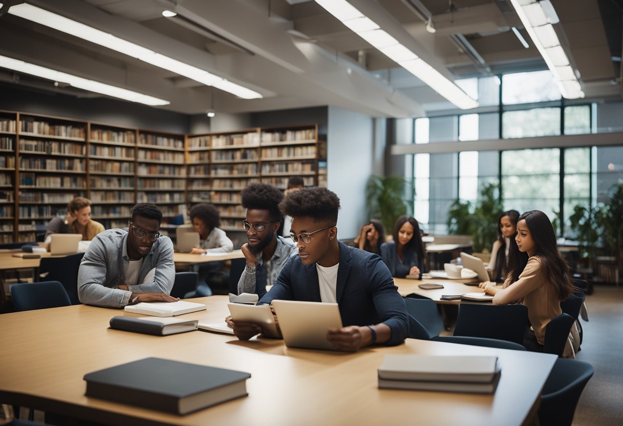 A diverse group of students studying together in a university library, with books and laptops scattered across the tables