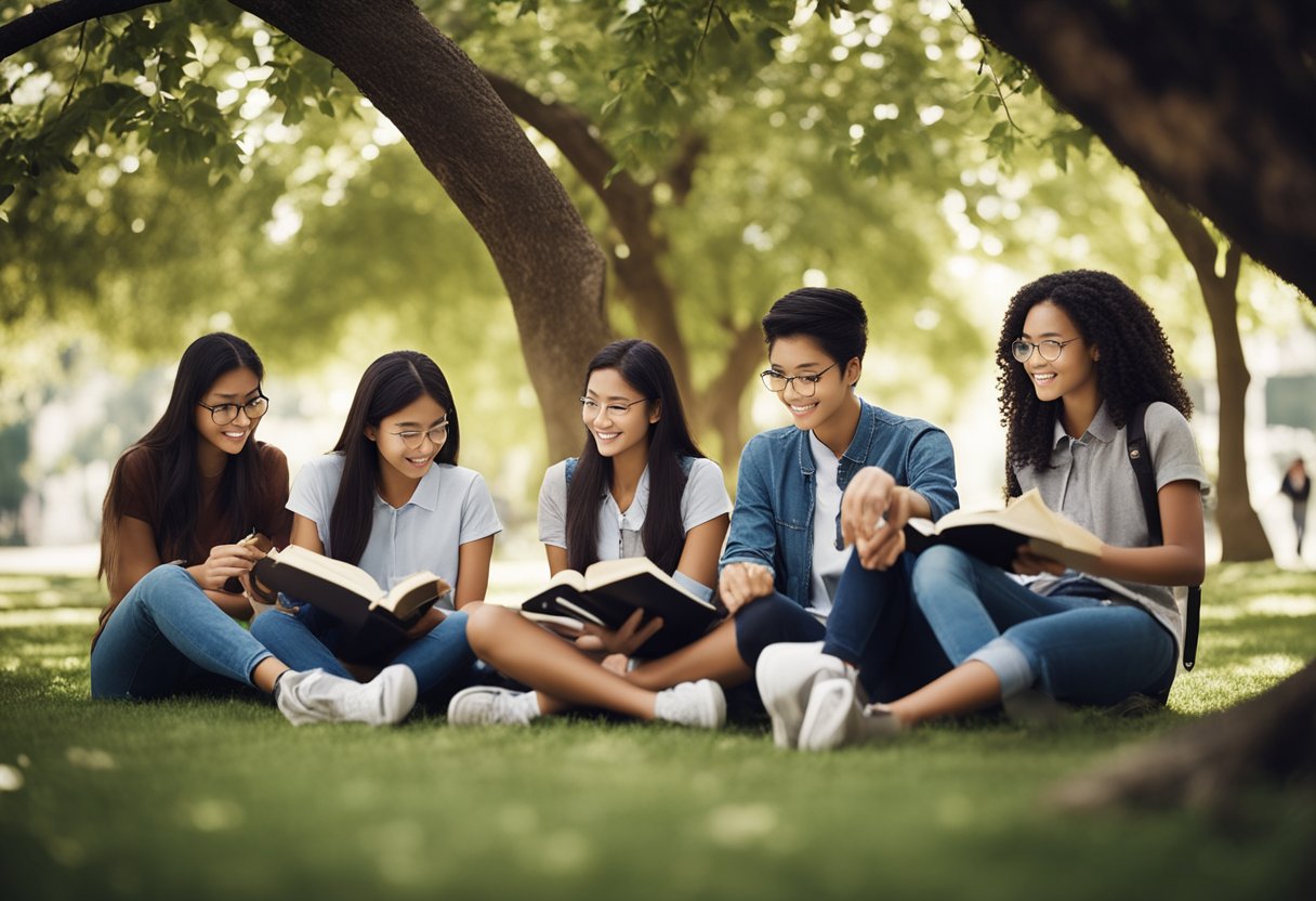 A group of students studying together under a tree, surrounded by books and papers, with a sense of determination and focus in the air