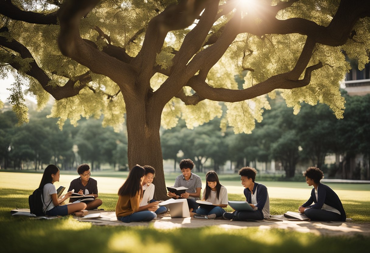 A group of students studying together under the shade of a large tree, surrounded by books and notebooks, with a scholarship certificate displayed prominently