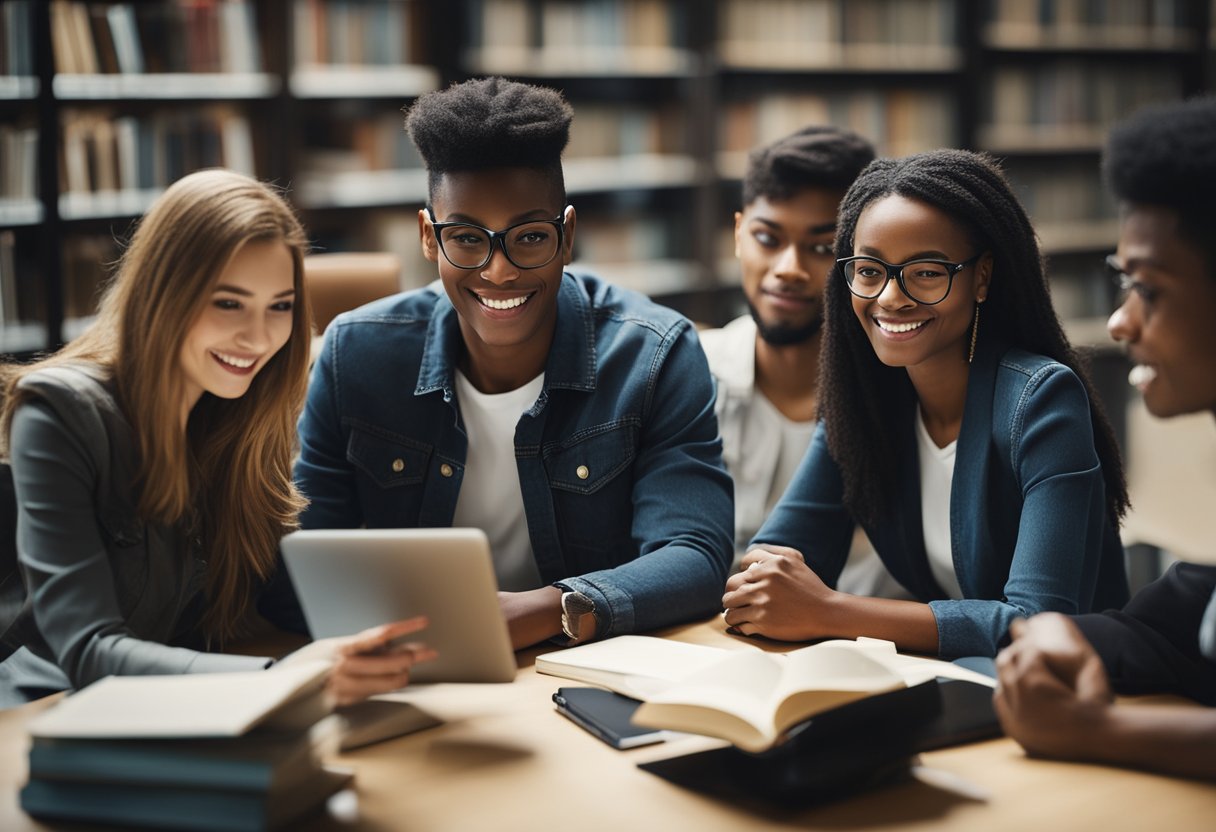 A group of diverse students studying together at a library, with books and laptops scattered across the table