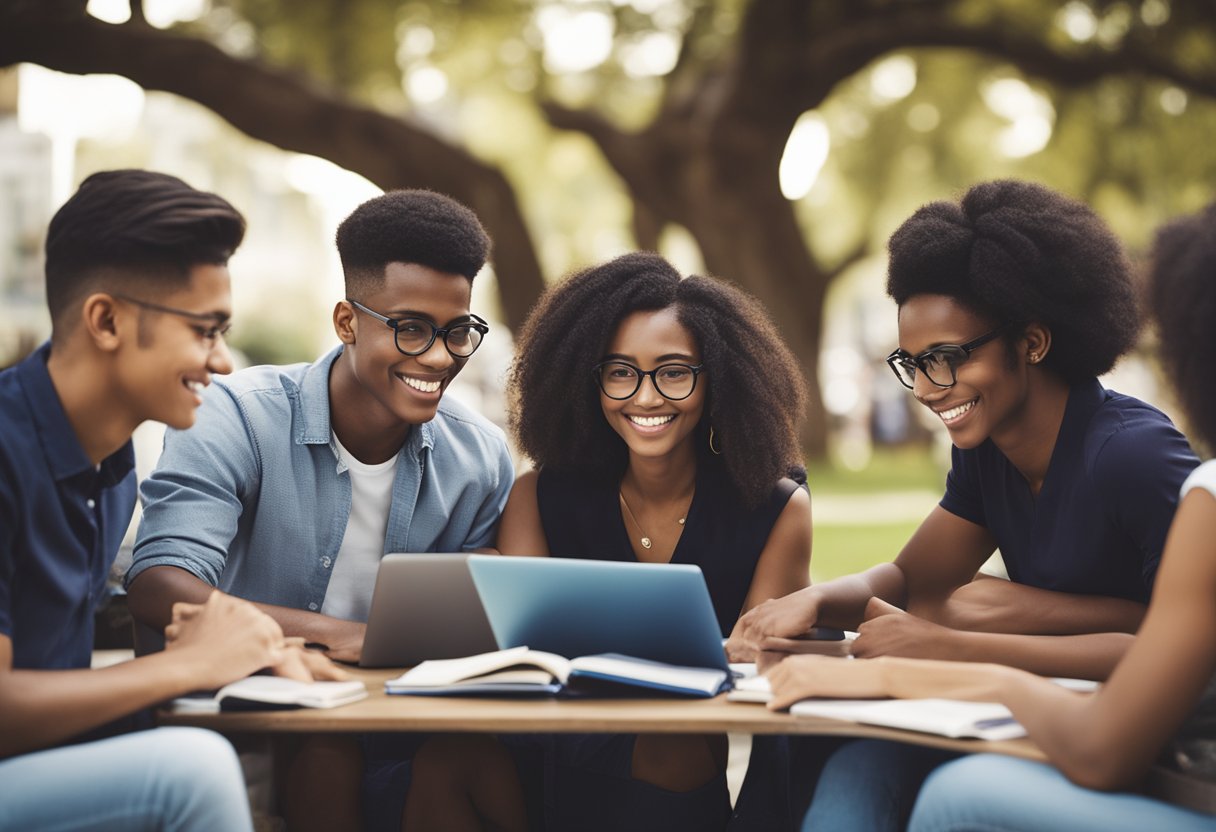 A group of diverse students studying together under a tree, surrounded by books and laptops, with the Common Wealth Scholarship Scheme logo displayed prominently
