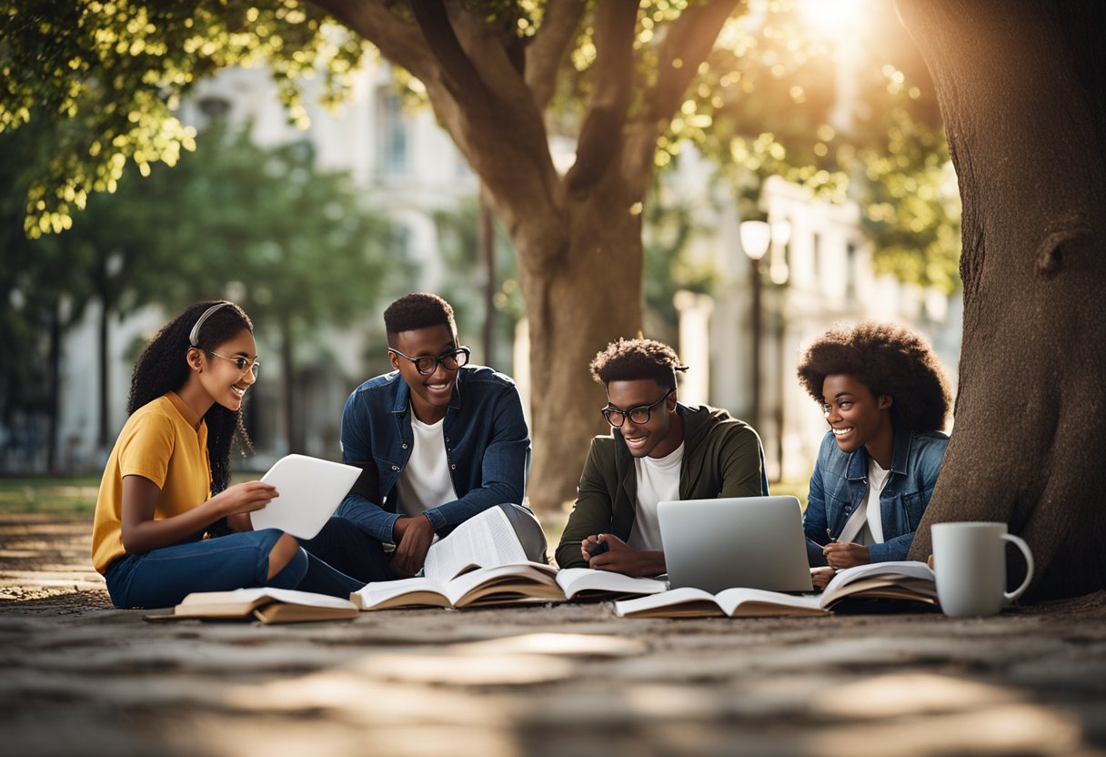 A group of diverse students studying together under a tree, surrounded by books and papers, with a globe and an open laptop on the ground