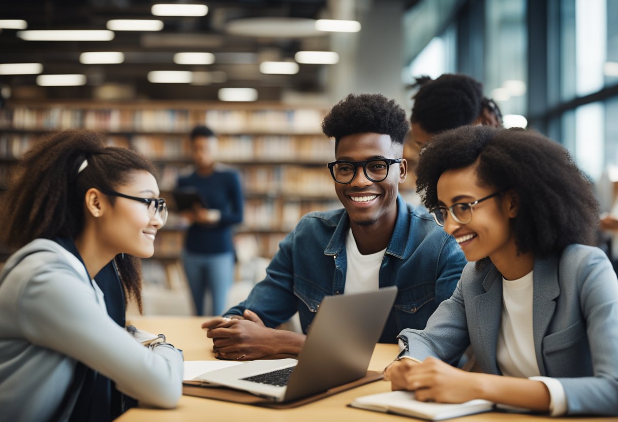 A group of diverse students studying and collaborating in a vibrant and modern university library