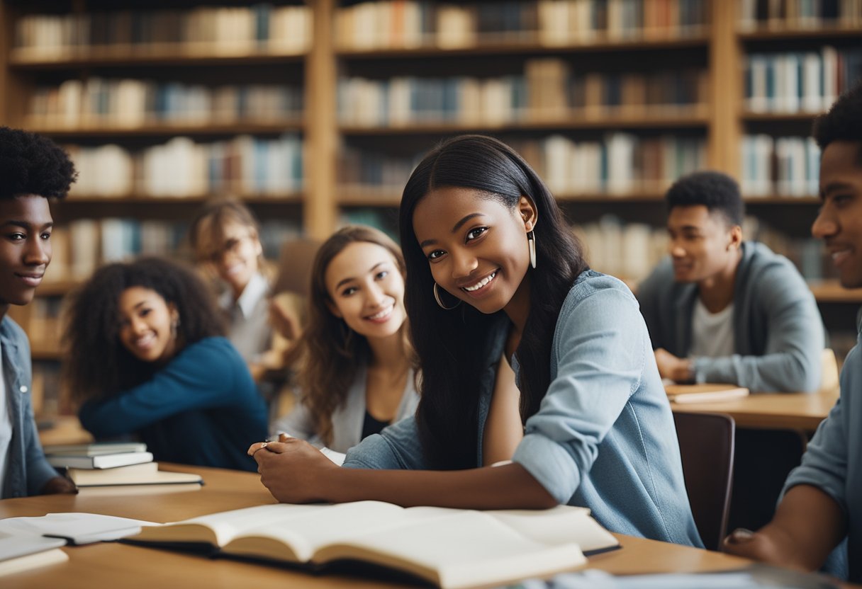 A group of diverse students studying together in a library, surrounded by books and academic materials