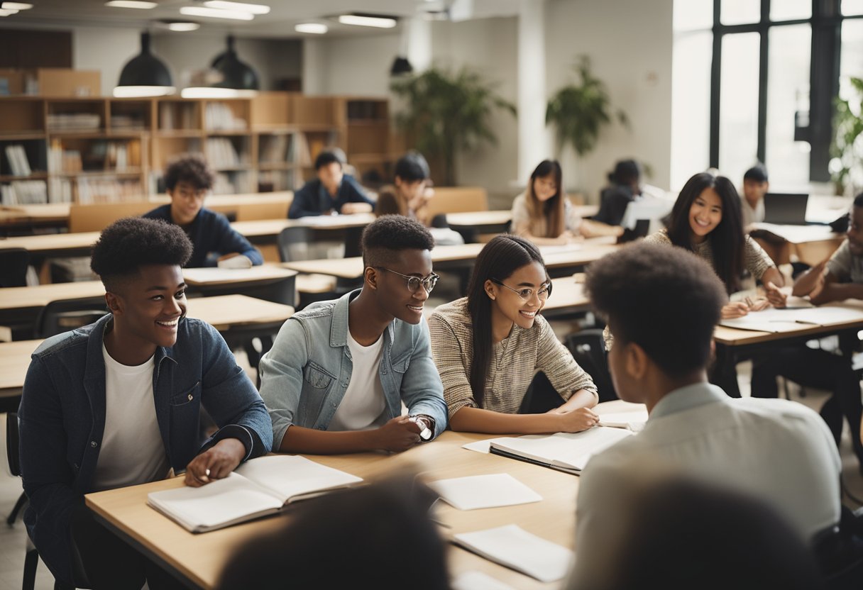 A group of diverse students studying and engaging in cultural activities at an international scholarship program headquarters