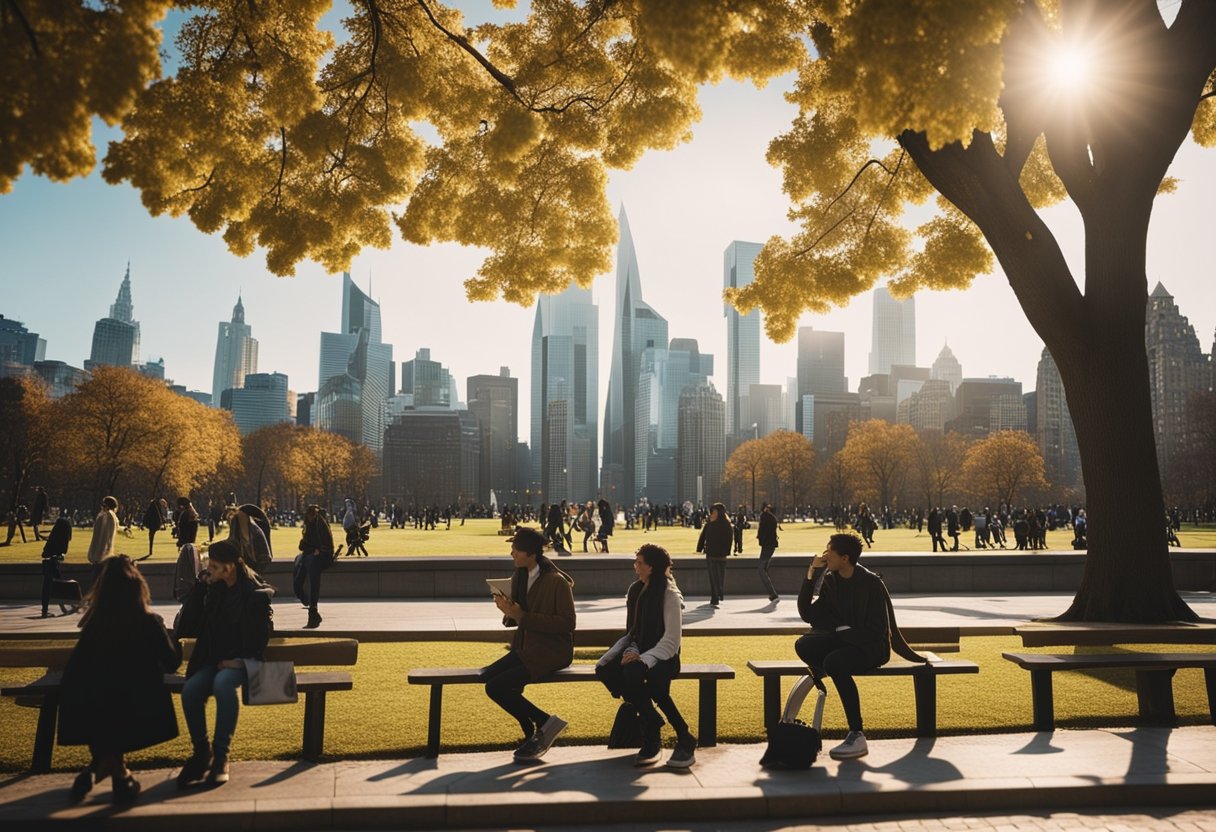 A bustling cityscape with iconic landmarks and students studying in a park