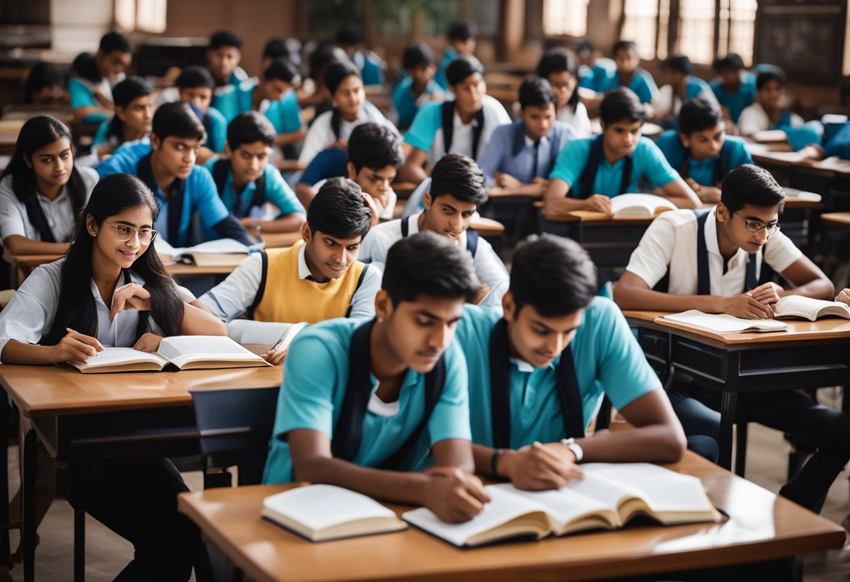 A group of diverse students studying together with books and laptops, surrounded by the emblem of the Delhi Government Scholarship Scheme