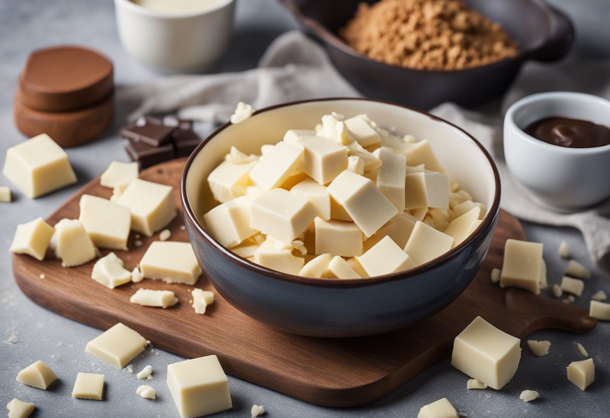 Uma tigela de mistura cheia de ingredientes para massa de bolo de chocolate branco, cercada por vagens de baunilha e pedaços de chocolate.