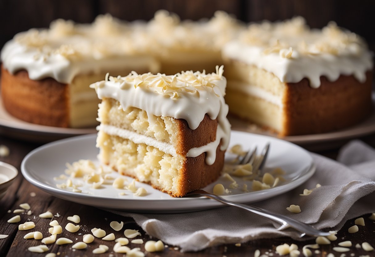 Um bolo de chocolate branco fofo está em uma mesa de madeira rústica, coberto com glacê de baunilha e polvilhado com lascas de chocolate branco.