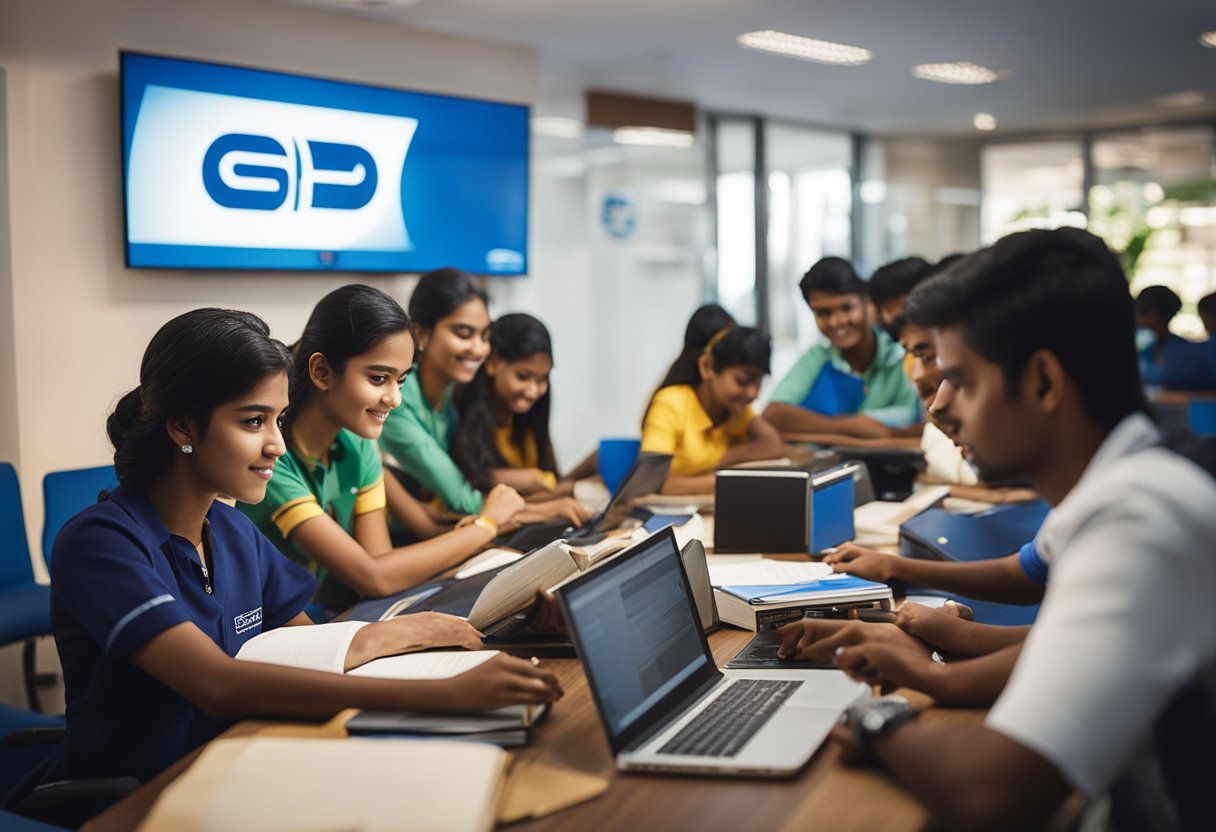 A group of students studying and working together, surrounded by books and computers, with a prominent Bharat Petroleum logo displayed