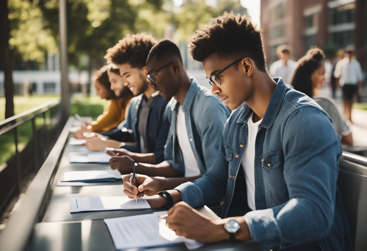 A group of students filling out scholarship application forms at a busy college campus