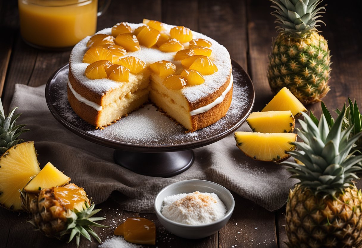 Um bolo de abacaxi fofinho com calda de caramelo está em uma mesa rústica de madeira, cercado por fatias de abacaxi fresco e uma camada de açúcar de confeiteiro.