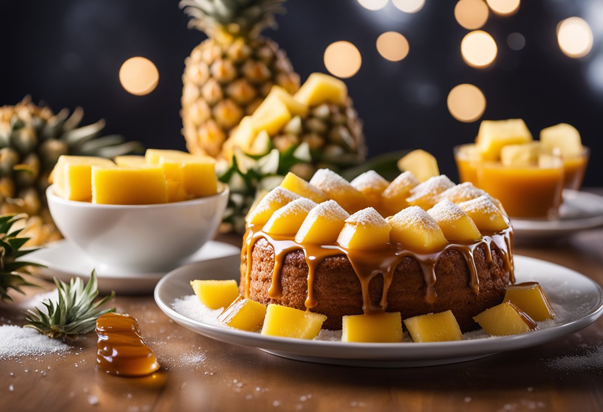 Um bolo de abacaxi fofinho cercado por um rico molho de caramelo, com fatias de abacaxi fresco e uma pitada de açúcar de confeiteiro por cima