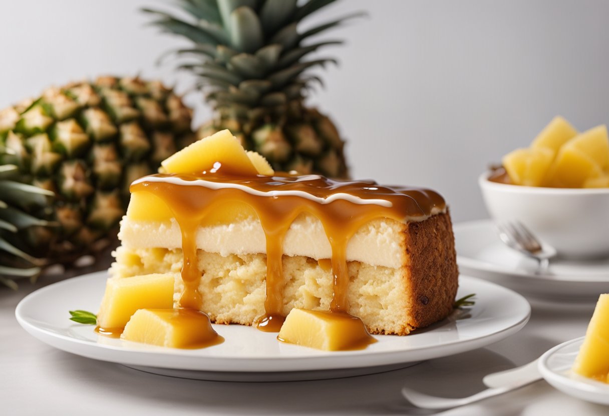 Um bolo de abacaxi fofinho repousa em um prato branco, regado com molho de caramelo e rodeado por fatias de abacaxi fresco.