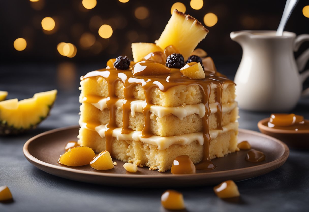 Um bolo de abacaxi fofinho com cobertura de caramelo e toppings